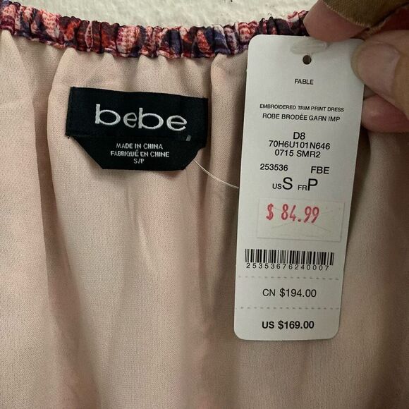 Bebe Fable boho embroidered satin trim balloon  sleeve mini dress women’s S NEW - Picture 12 of 13